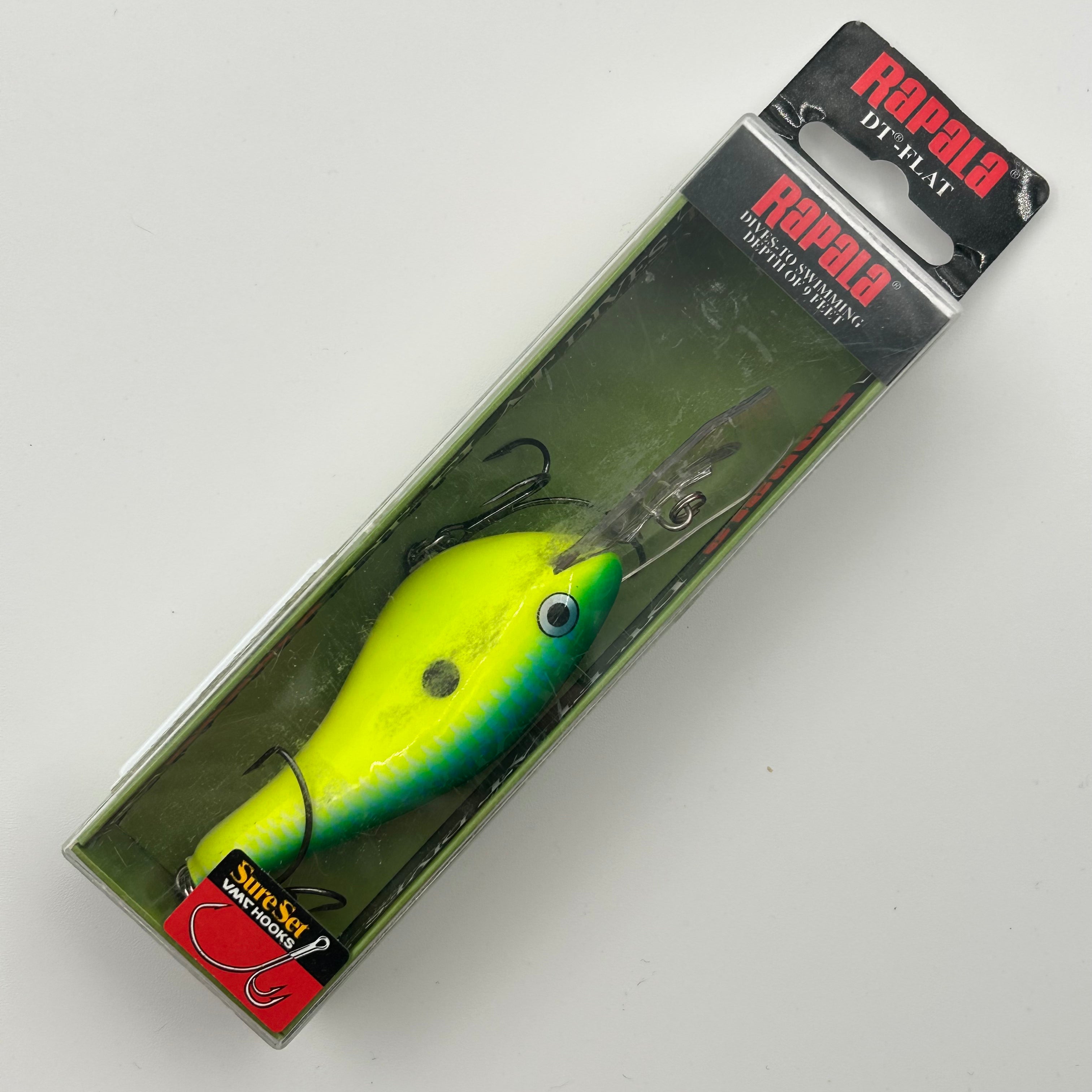 Rapala DT-Flat DTFSS-9 Wobbler / Kunstköder mit Drillingshaken Green Fl Chartreuse 18g
