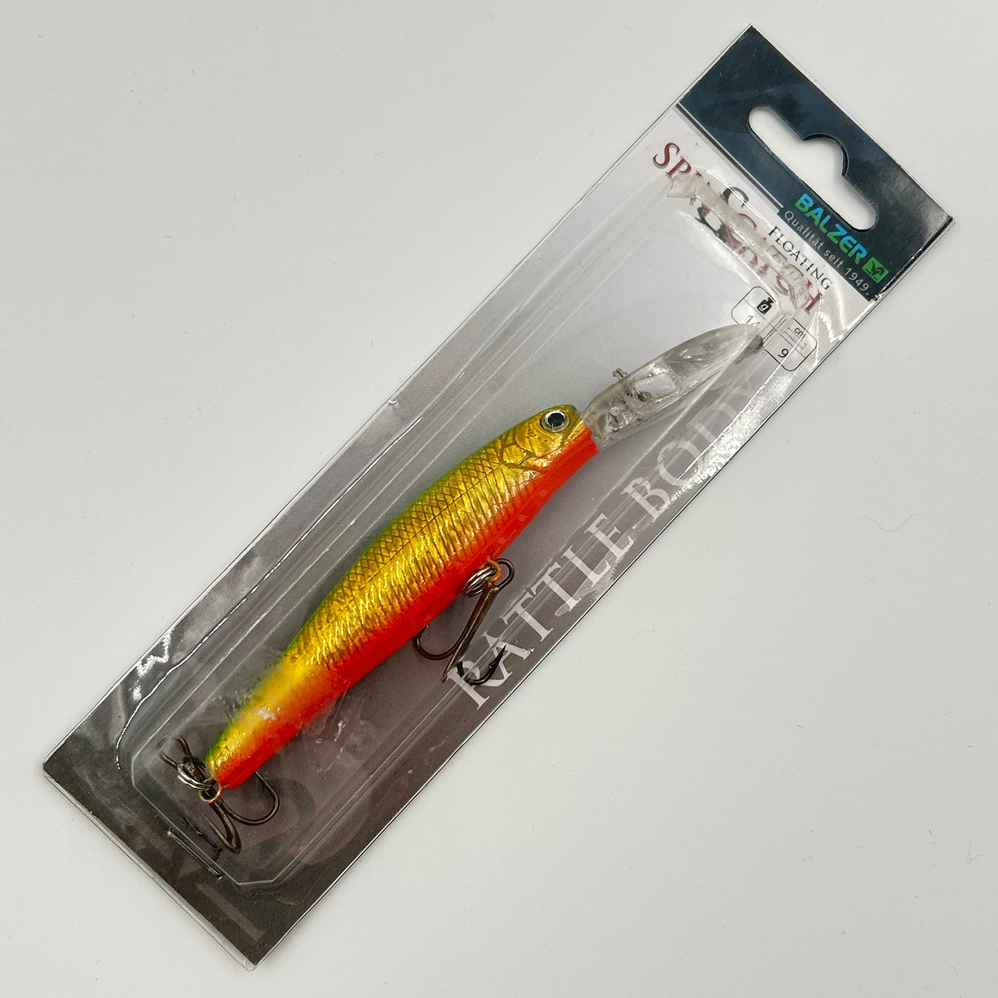 Balzer Spin & Catch Rattle Body Wobbler / Kunstköder mit Drillingshaken grün gelb 14g