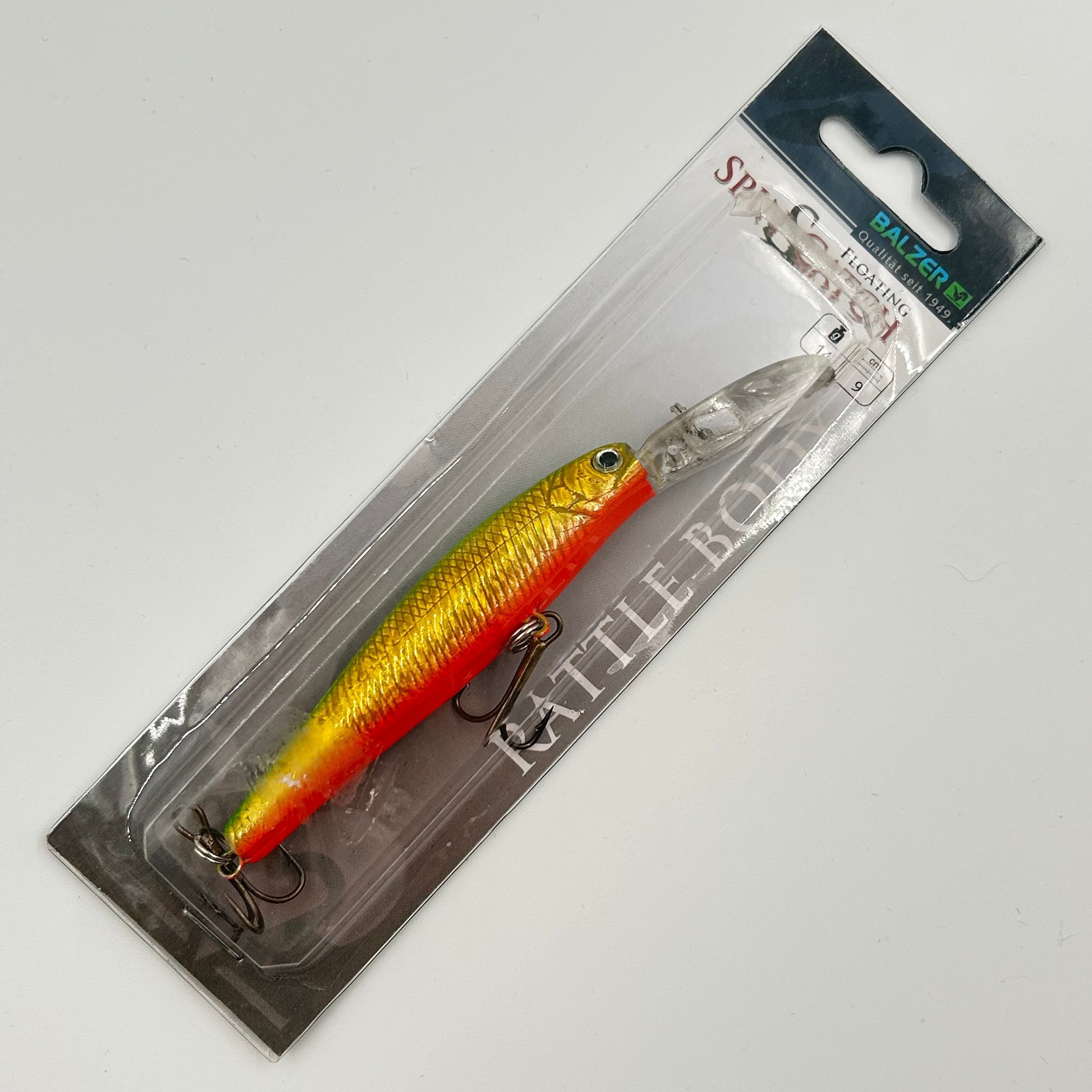 Balzer Spin & Catch Rattle Body Wobbler / Kunstköder mit Drillingshaken grün gelb 14g